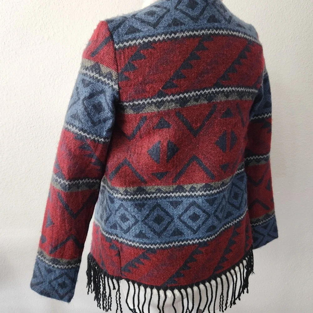 Hollister Aztec‎ Sherpa Fleece Open Front Cardigan Jacket blue/red Size Small